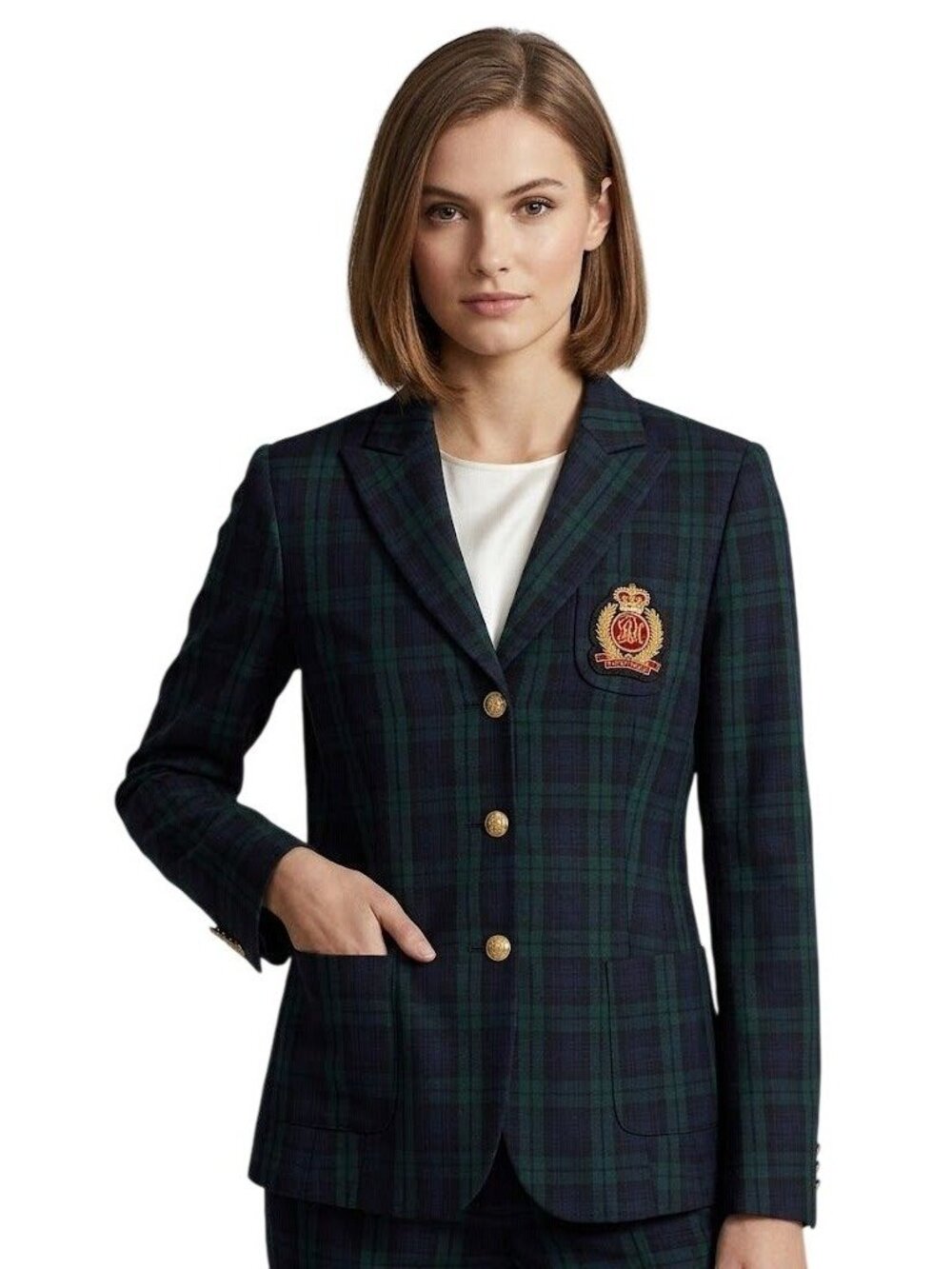 Andrea Behar Plaid Blazer Women's 12 Navy Green Gold Crest Preppy Academia